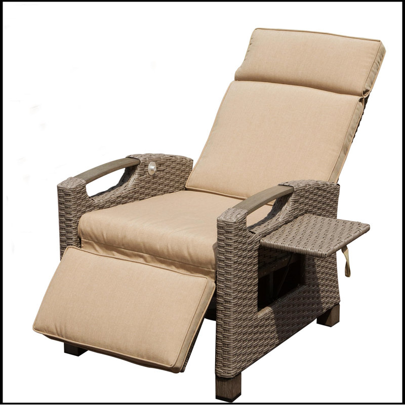 Outdoor Recliner Chair Patio Recliner with Hand Woven Wicker Flip Table Push Back Adjustable Angle 6.8 Thickness Cushions Reclining Lounge